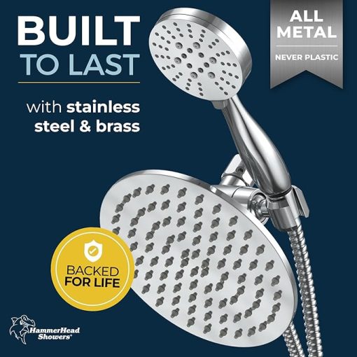 AquaCare® ALL METAL Dual Shower Head Combo – CHROME – 8 Inch Rainfall High Flow Shower Head & 3-Flow Handheld Shower Head High Pressure with Hose 6ft - Luxury Double Shower Heads - Image 2
