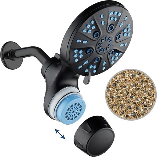 High Pressure Luxury 6-mode 6 inch Rain Shower Head with Built-in Skin & Hair KDF Showerhead Filter, ON/OFF Filtration Modes, Instant Cartridge Reload, Stay-Clean Nozzles & Cartridge. Matte Black