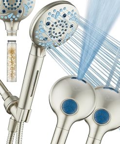 High Pressure 10-mode Filter Handheld Shower Head with Built-in Power Wash – Clean Tub, Tile & Pets, Remove Chlorine, Metals & Toxins from Water to Protect Skin, Hair & Nails. Nickel Finish