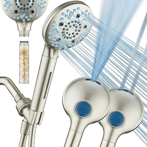 High Pressure 10-mode Filter Handheld Shower Head with Built-in Power Wash - Clean Tub, Tile & Pets, Remove Chlorine, Metals & Toxins from Water to Protect Skin, Hair & Nails. Nickel Finish