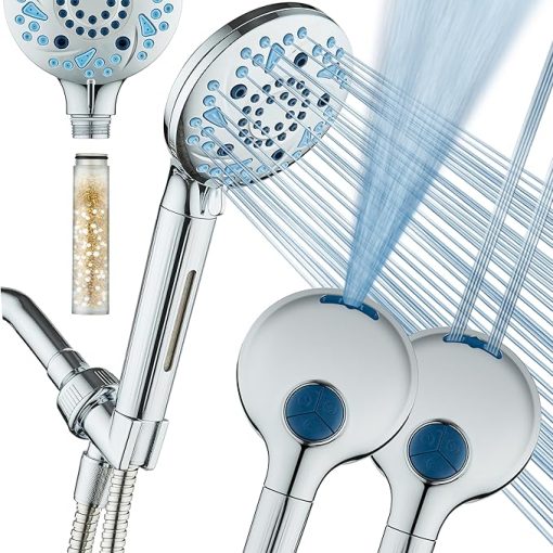 High Pressure 10-mode Filter Handheld Shower Head with Built-in Power Wash - Clean Tub, Tile & Pets, Remove Chlorine, Metals & Toxins from Water to Protect Skin, Hair & Nails. Chrome Finish