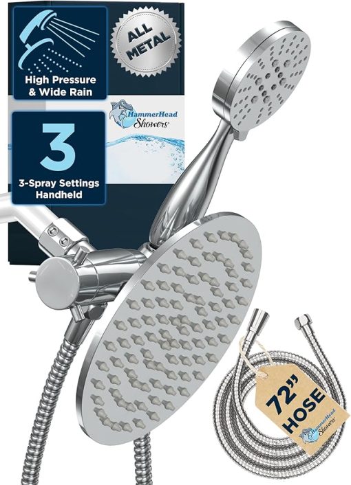 AquaCare® ALL METAL Dual Shower Head Combo – CHROME – 8 Inch Rainfall High Flow Shower Head & 3-Flow Handheld Shower Head High Pressure with Hose 6ft - Luxury Double Shower Heads
