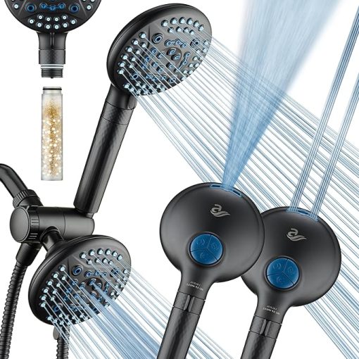 AquaCare® High Pressure 6-way Dual Shower Head Combo with Built-in Filter & Power Wash - Clean Tub, Tile & Pets. Remove Chlorine, Lead & Toxins from Water to Protect Skin, Hair, & Nails. Matte Black