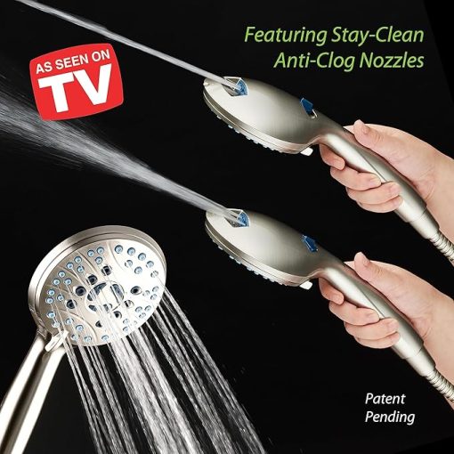 As-Seen-On-TV High Pressure 8-setting Handheld Shower Head - Built-in Power Wash to Clean Tub, Tile & Pets, Overhead & Wall Brackets, Pure-Clean Nozzles, Extra-long 6 ft. Stainless Steel Hose - Image 2